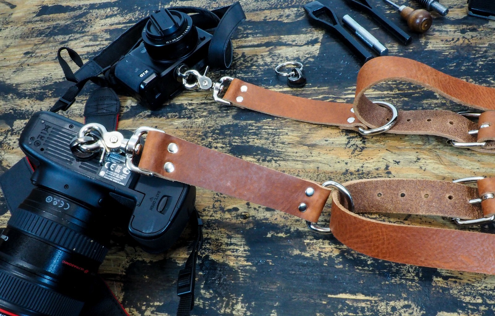 Leather Dual Harness Shoulder Strap Two Camera Adjustable Size Tan Saddle USA