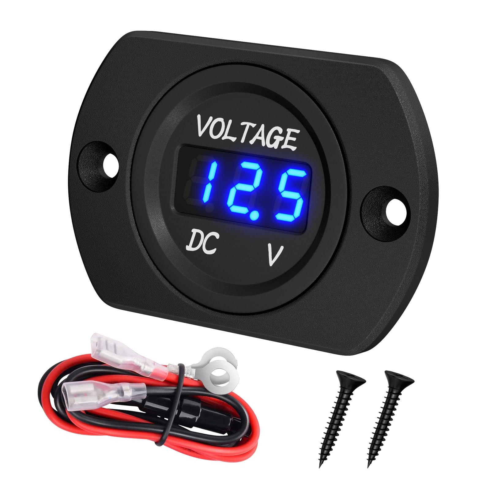 DaierTek Battery Voltage Meter Waterproof DC 12V Small, Blue LED Voltmeter