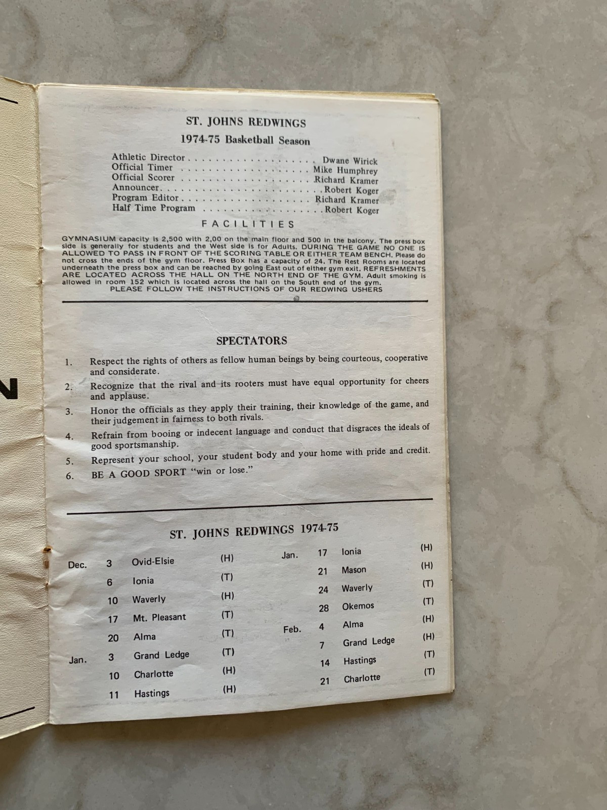 St. Johns (MI) High School, Redwing basketball game program, 1974-75 season