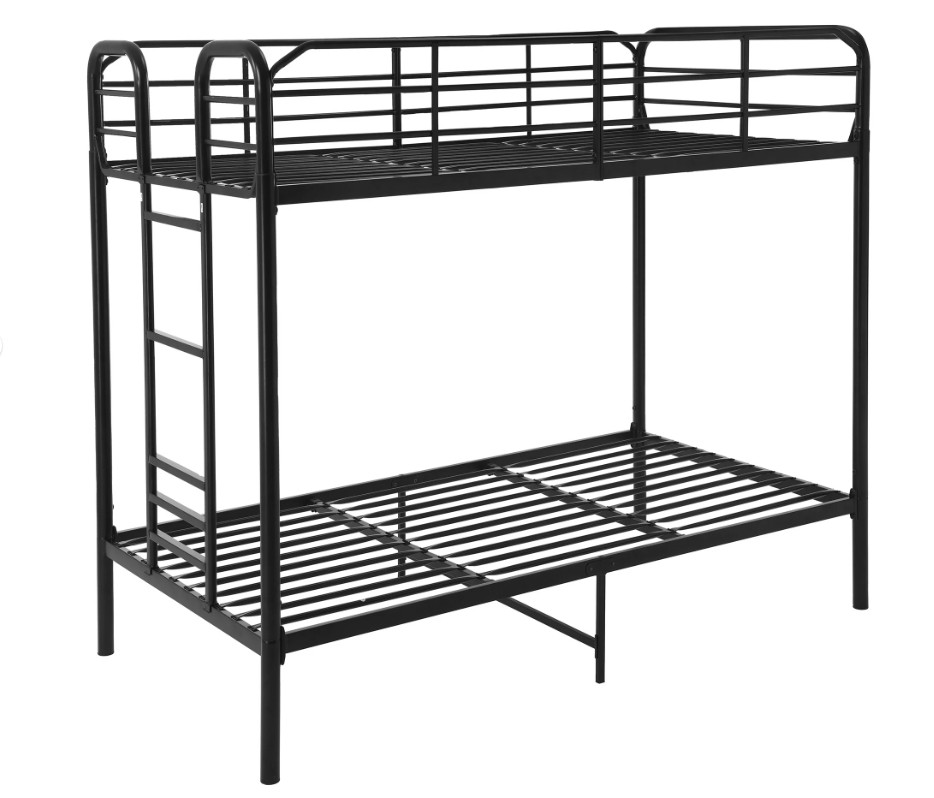 KIDS TWIN BUNK BED Metal Twin over Twin with Ladder and Guardrails, White/Black