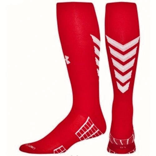 1 PAIR Mens UNDER ARMOUR UA Striker OTC RED White Soccer Socks Fits Shoe SZ L