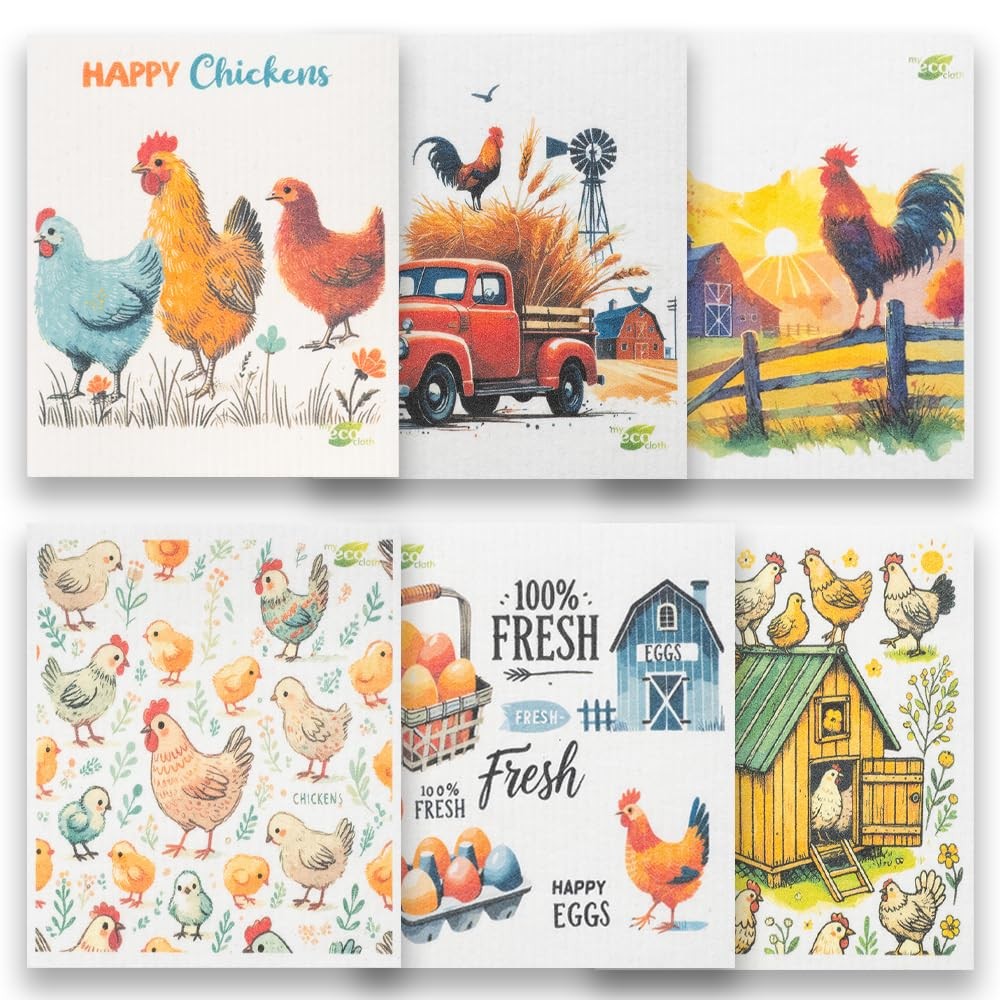 6 PCS Chicken Swedish Dish Cloth Cellulose Sponge Towel Mixed Design Set
