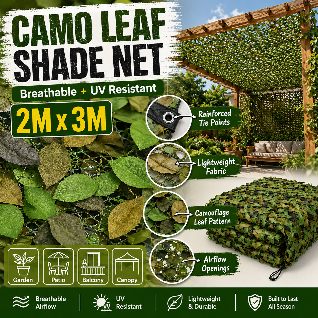 2*3M Camouflage Netting Tactical Camo Camping Sun Shade Car Cover UV Protection