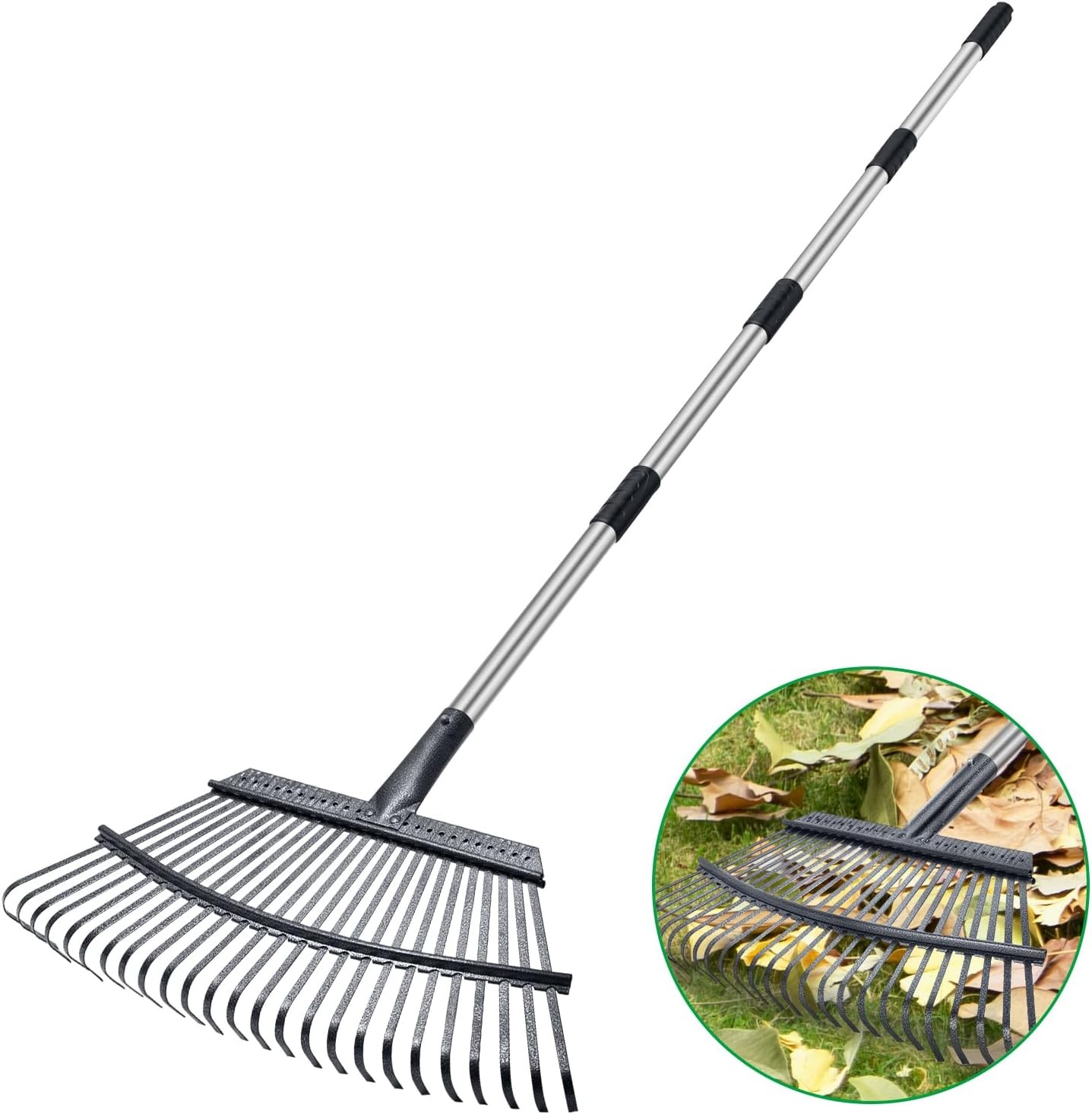 Heavy Duty Leaf Rake 72" Long Adjustable Handle 25 Tines Yard Garden Tool New!