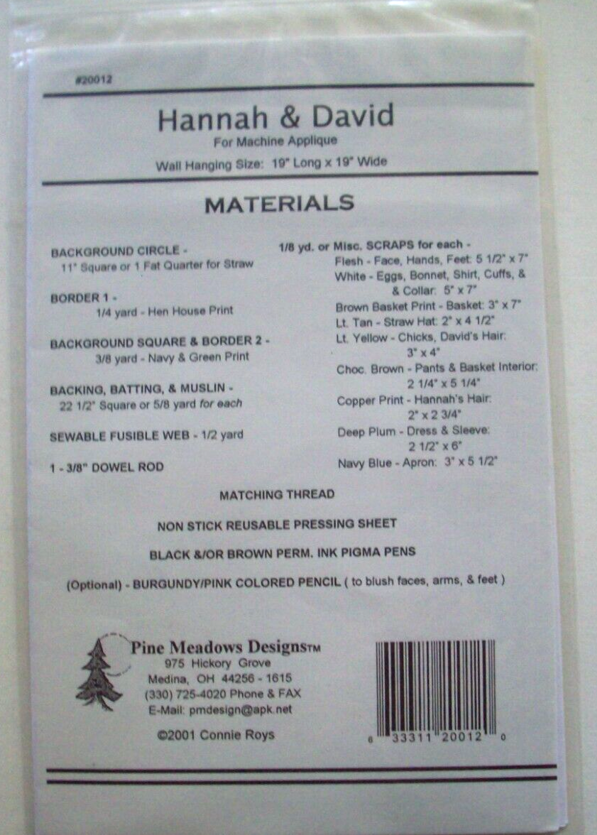 Hannah & David children w chicks applique quilt pattern *R
