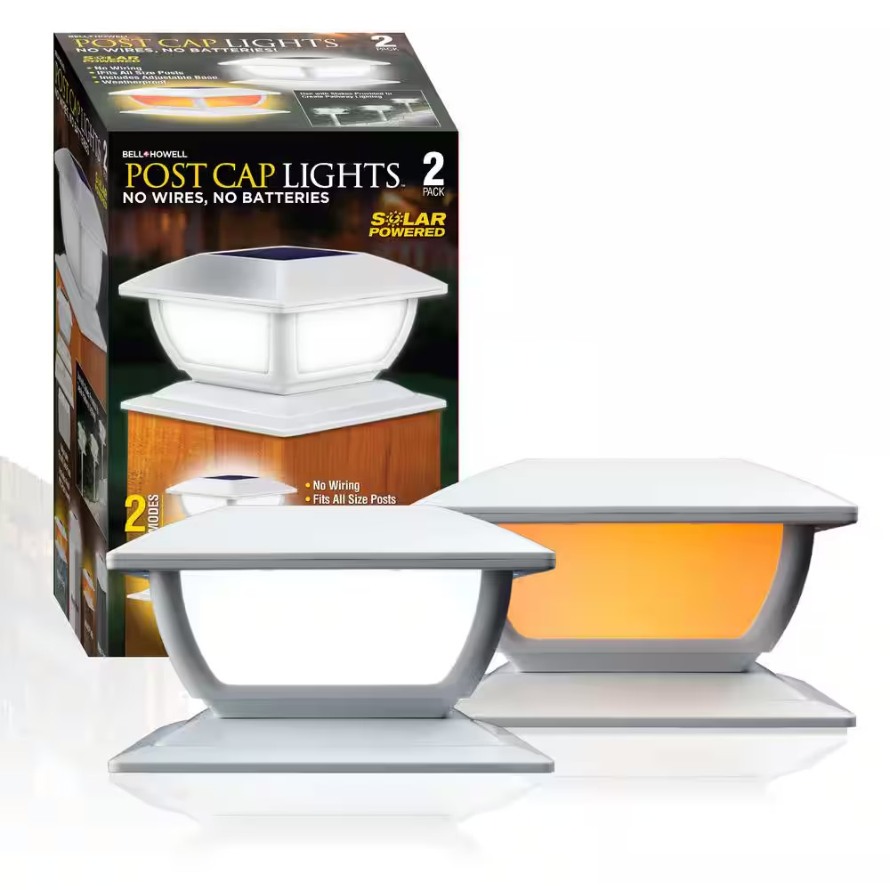 2-Lights White Plastic Solar Powered Outdoor Weather Resistant Cap Post Light wi