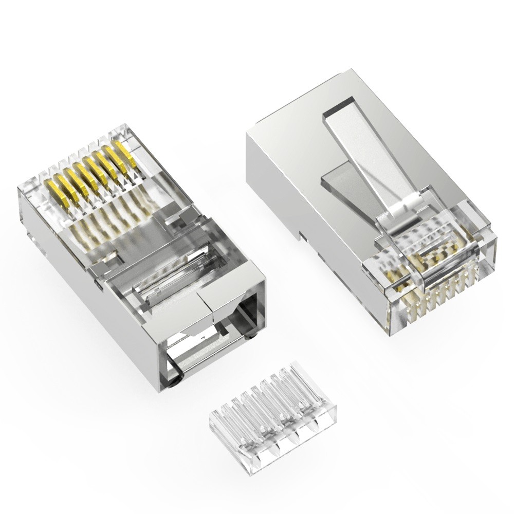 RJ45 CAT6 Shielded Plug Solid 50 Micron 3-Prong w/Inserter 100pk