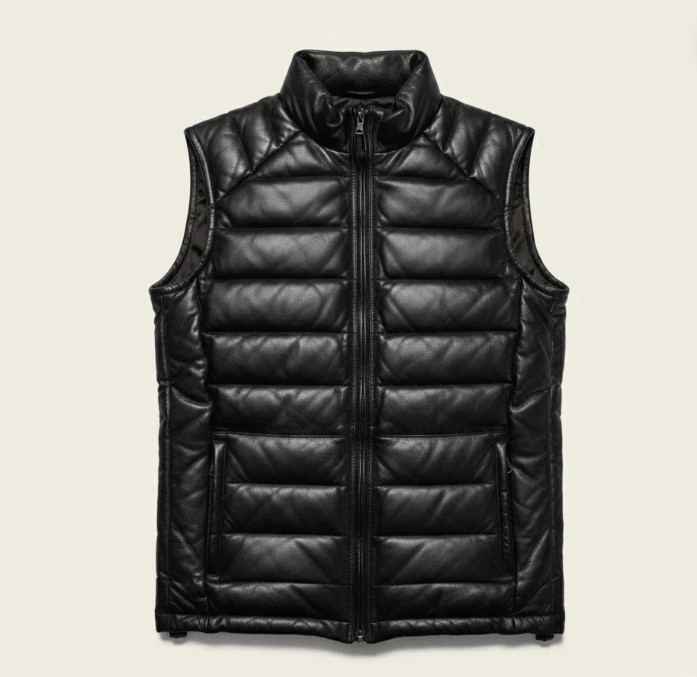 Puffer Leather Vest Men Bomber Waistcoat Black Gilet Lambskin Leather Multi Size