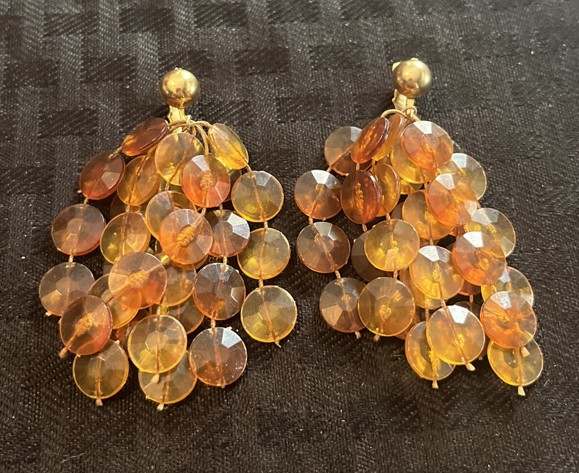 Stunning Vintage Estate Shades Of Yellow Celluloid Bead Tassel Clip On Earrings