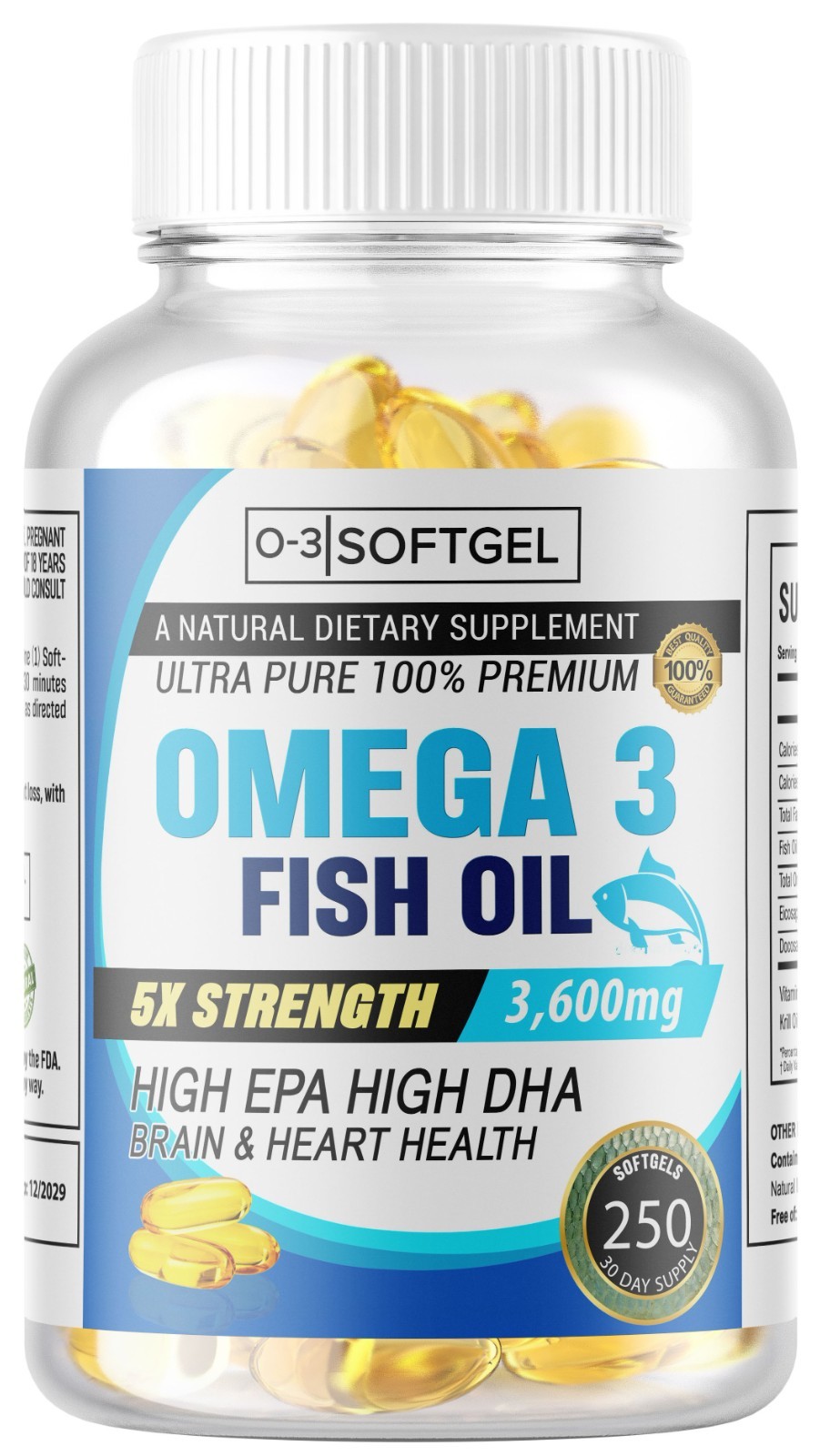 5x Omega 3 Fish Oil 3600mg Strength EPA & DHA, Highest Potency, 250 Softgels