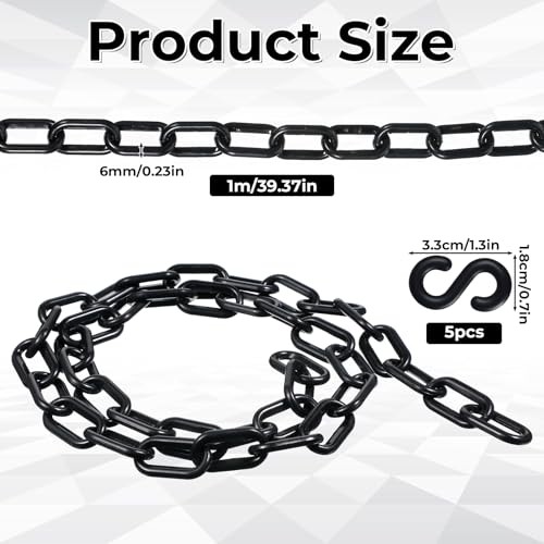 Black Plastic Chain Links, 3 Ft 6mm Plastic Chains with 5 S-Hooks, Linking