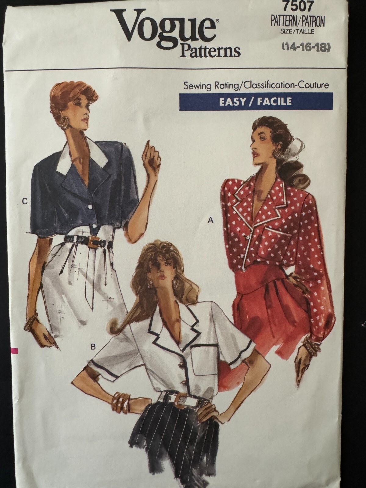 7507 Vogue Misses 1980s Easy Sewing Pattern SHIRT Size 14 16 18 UC