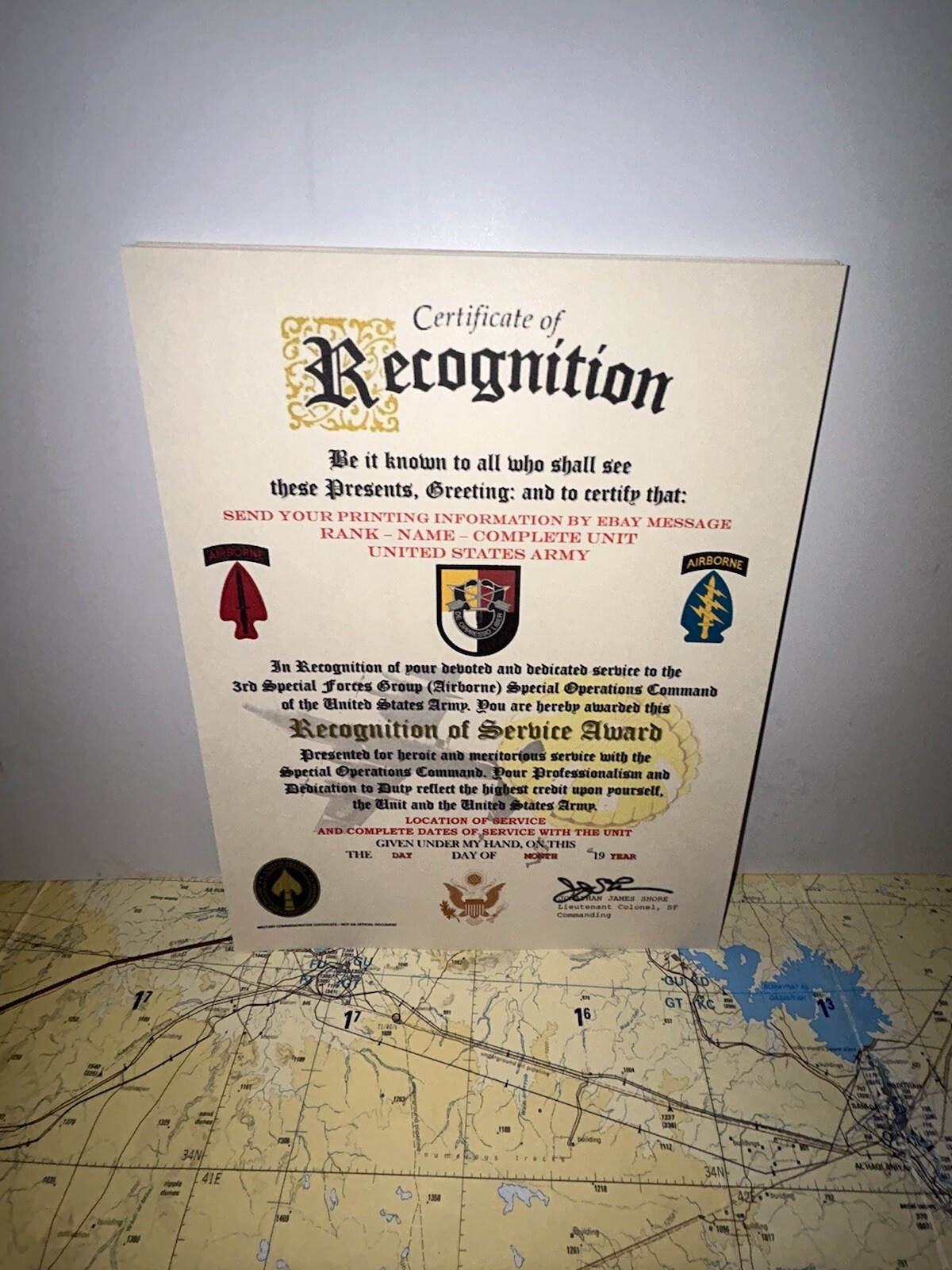 U.S. ARMY - 3RD SPECIAL FORCES GROUP (ABN) RECOGNITION OF SERVICE AWARD
