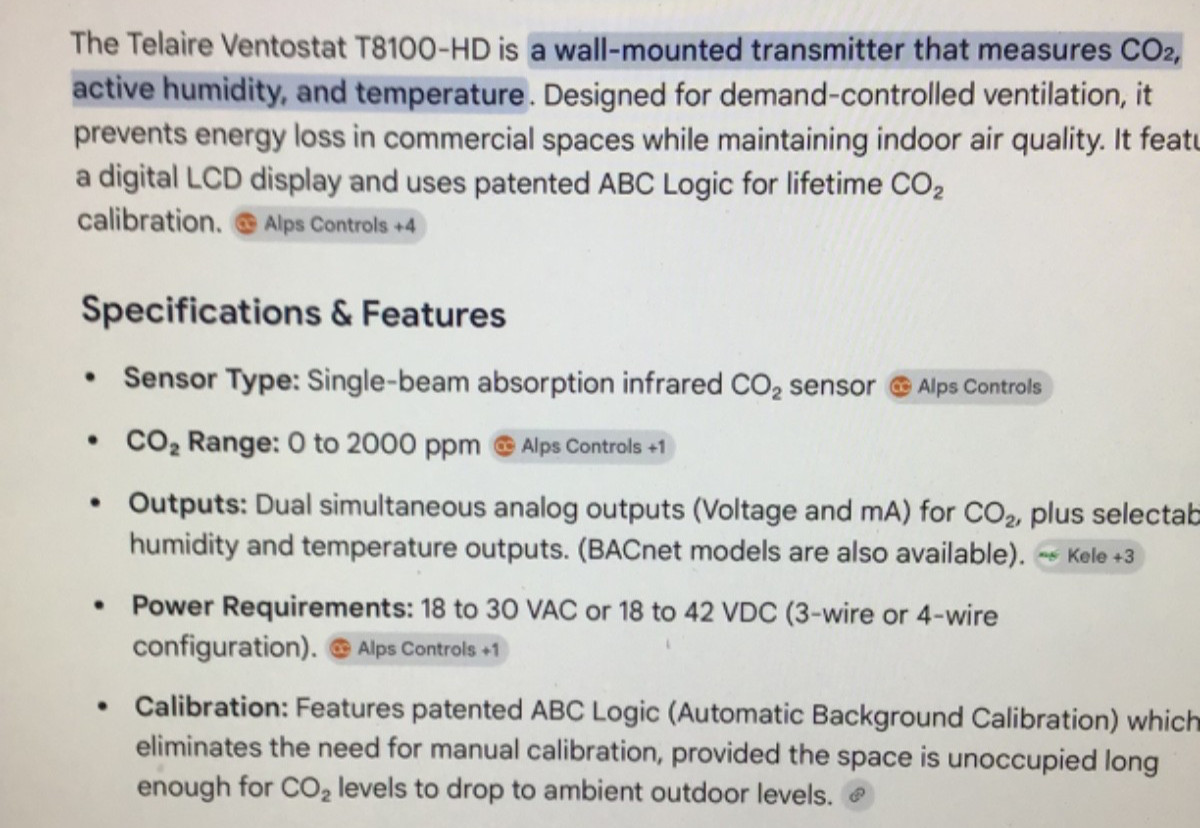 TELAIRE VENTOSTAT T8100-HD WALL MOUNT CO2 VENTILATION CONTROLLER NEW IN BOX