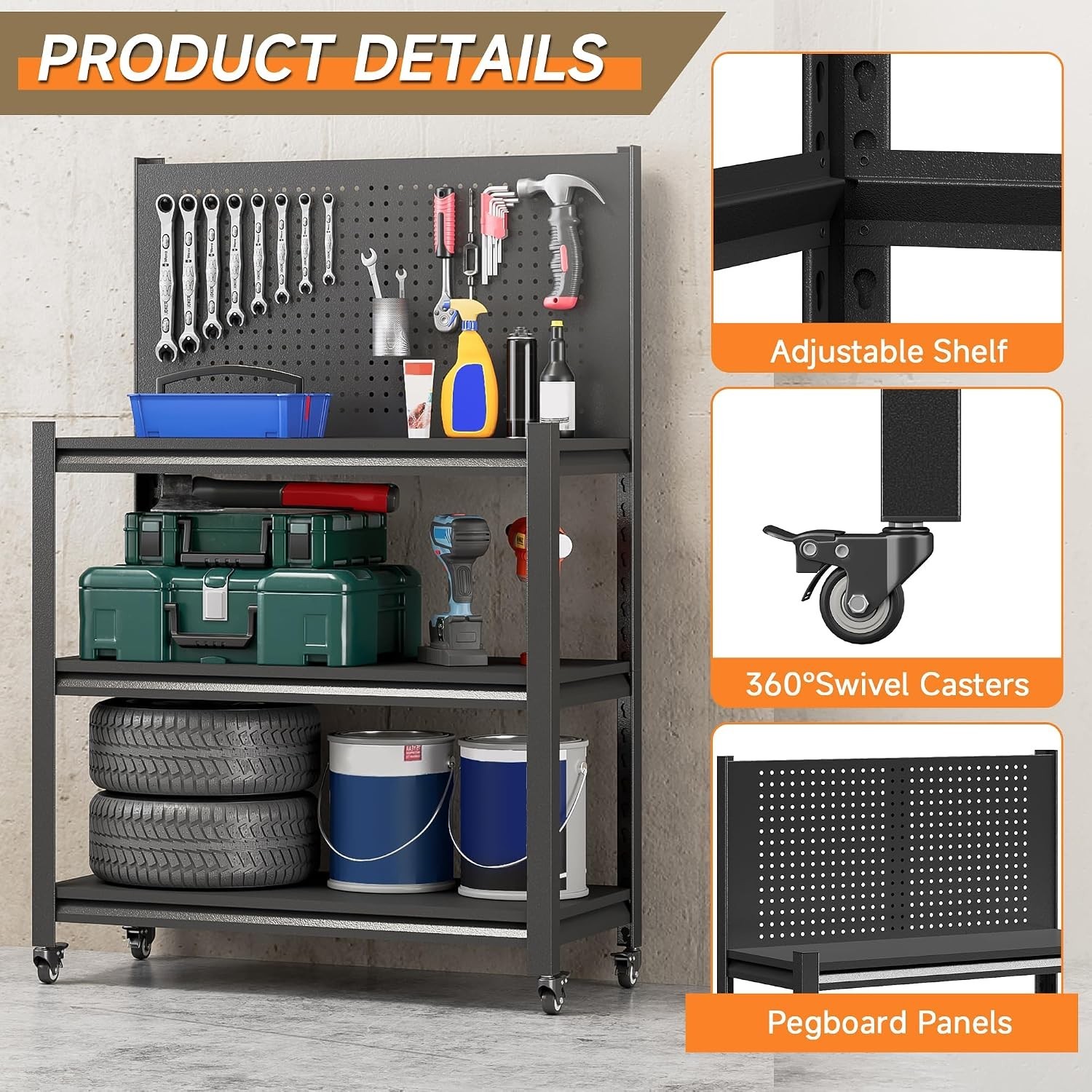 Workbench with Pegboard, Adjustable Heavy Duty Work Table with Wheels, Heavy Dut