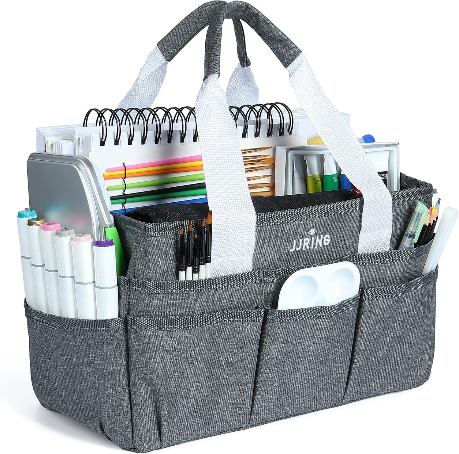 JJRING Craft Organizer Tote Bag, Art Storage Caddy with Multiple Small, Grey