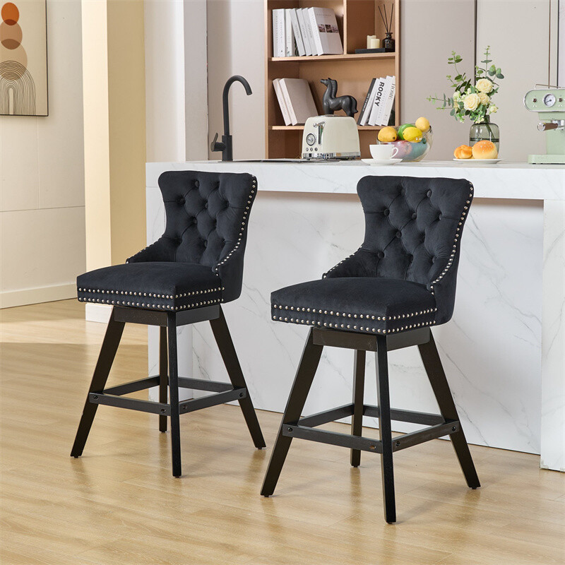 Set of 2 Swivel Velvet Barstools w/Button Tufted Decoration & Wooden Legs Black