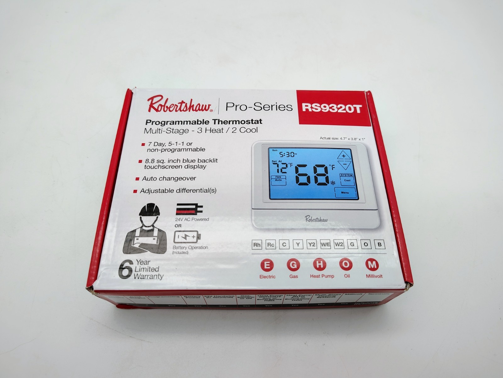 Robertshaw Programmable Multi-Stage 3H/2C Touchscreen Wall Thermostat RS9320T
