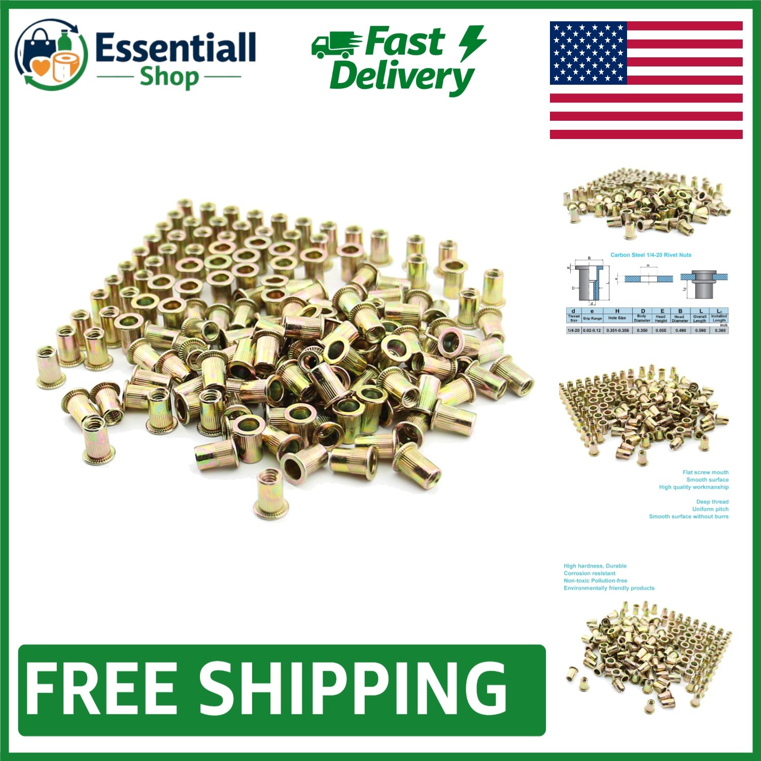 100 Pcs 1/4"-20 UNC Threaded Carbon Steel Rivet Nuts - Secure Installation Kit