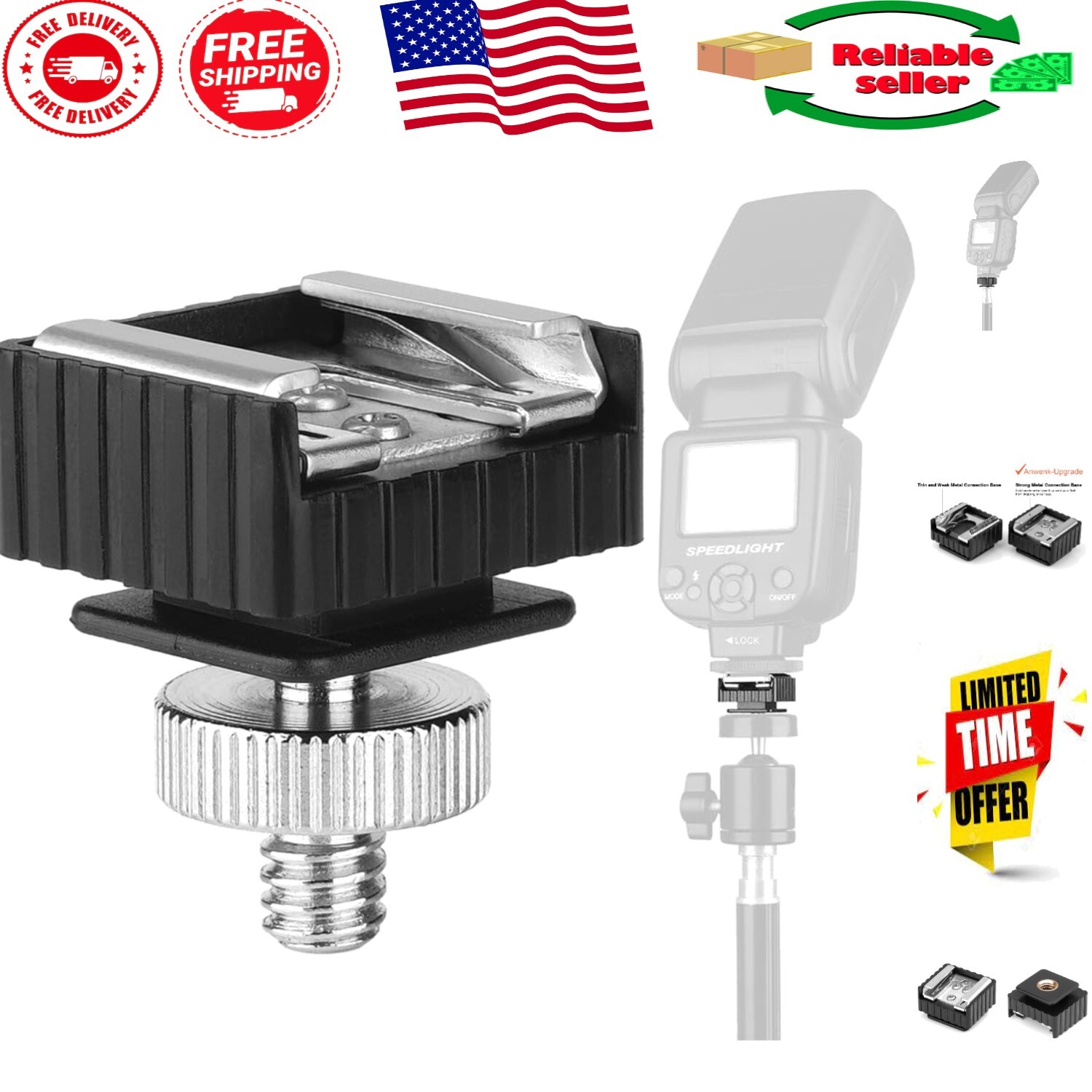 Versatile Flash to 1/4" Thread Adapter for Light Stands and Umbrella Holders