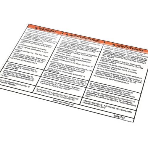 GRINDMASTER CECILWARE A546-214 WARNING LABEL STARTUP INSTRUCTIONS