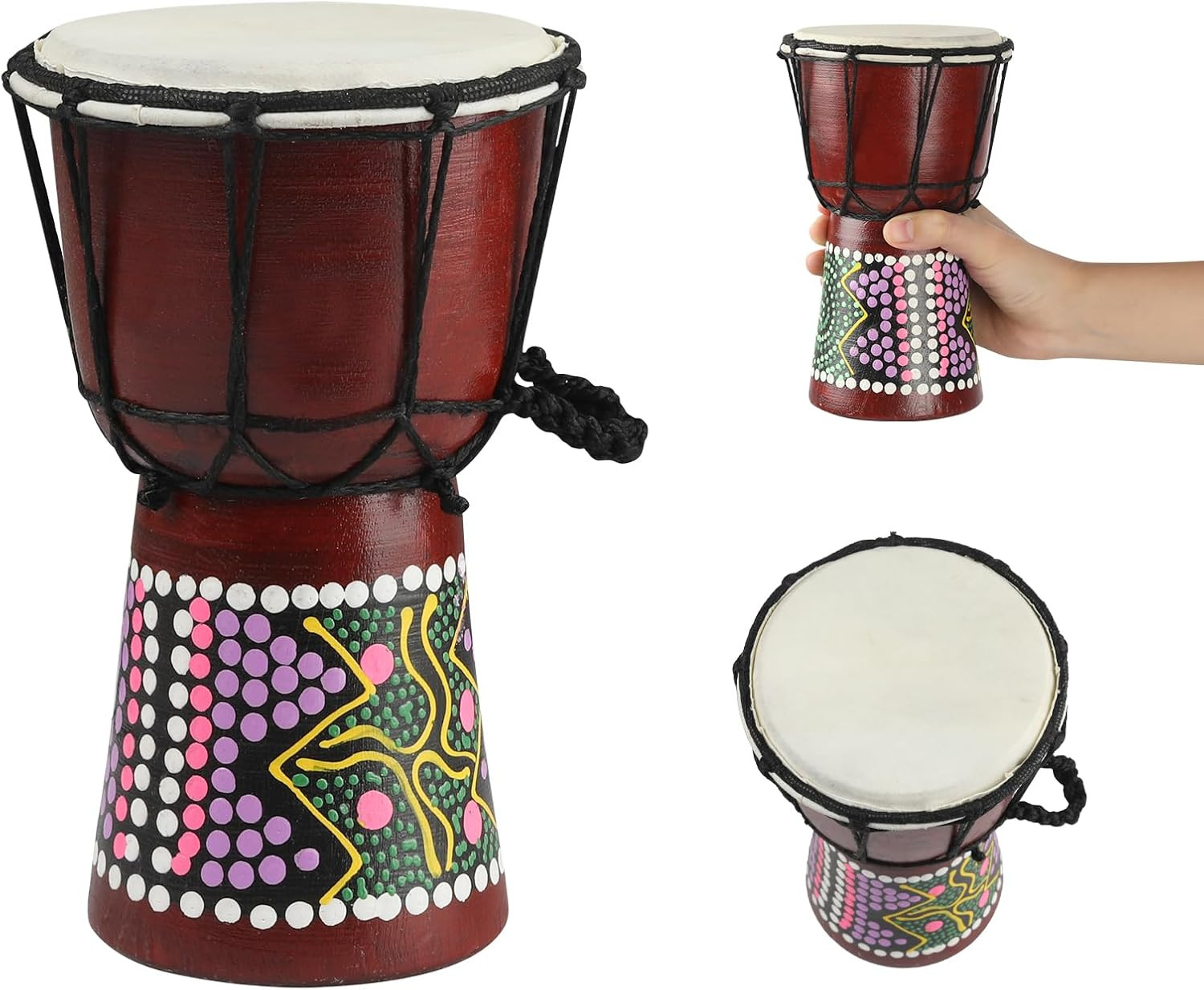 Mini Wood Djembe Drum, 4.5'' X 8''Carved Mahogany African Drums with Goatskin Dr