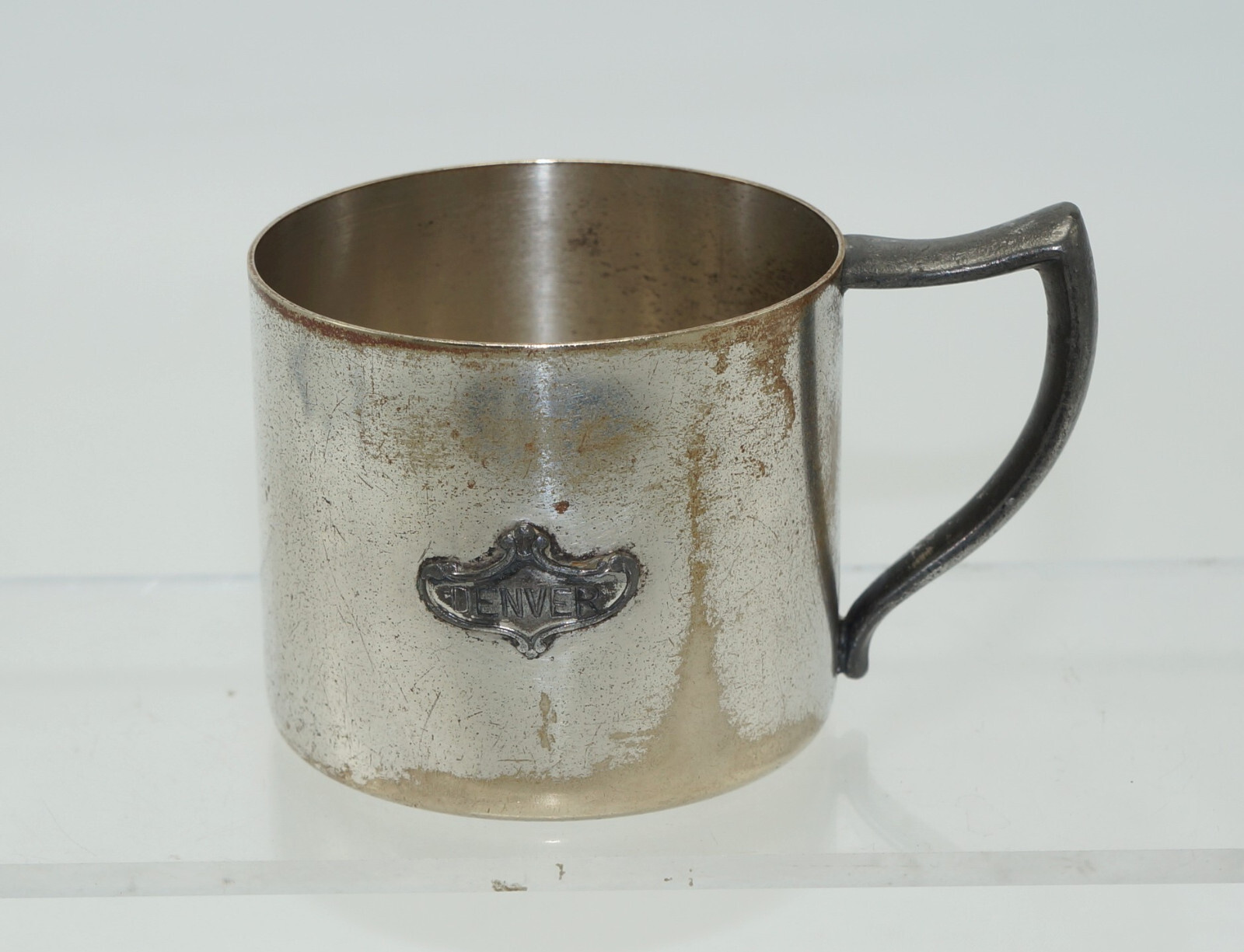 Silverplate Small Vintage Antique Mug Cup "Denver" Badge W.B. Mfg Co EPNS 2742