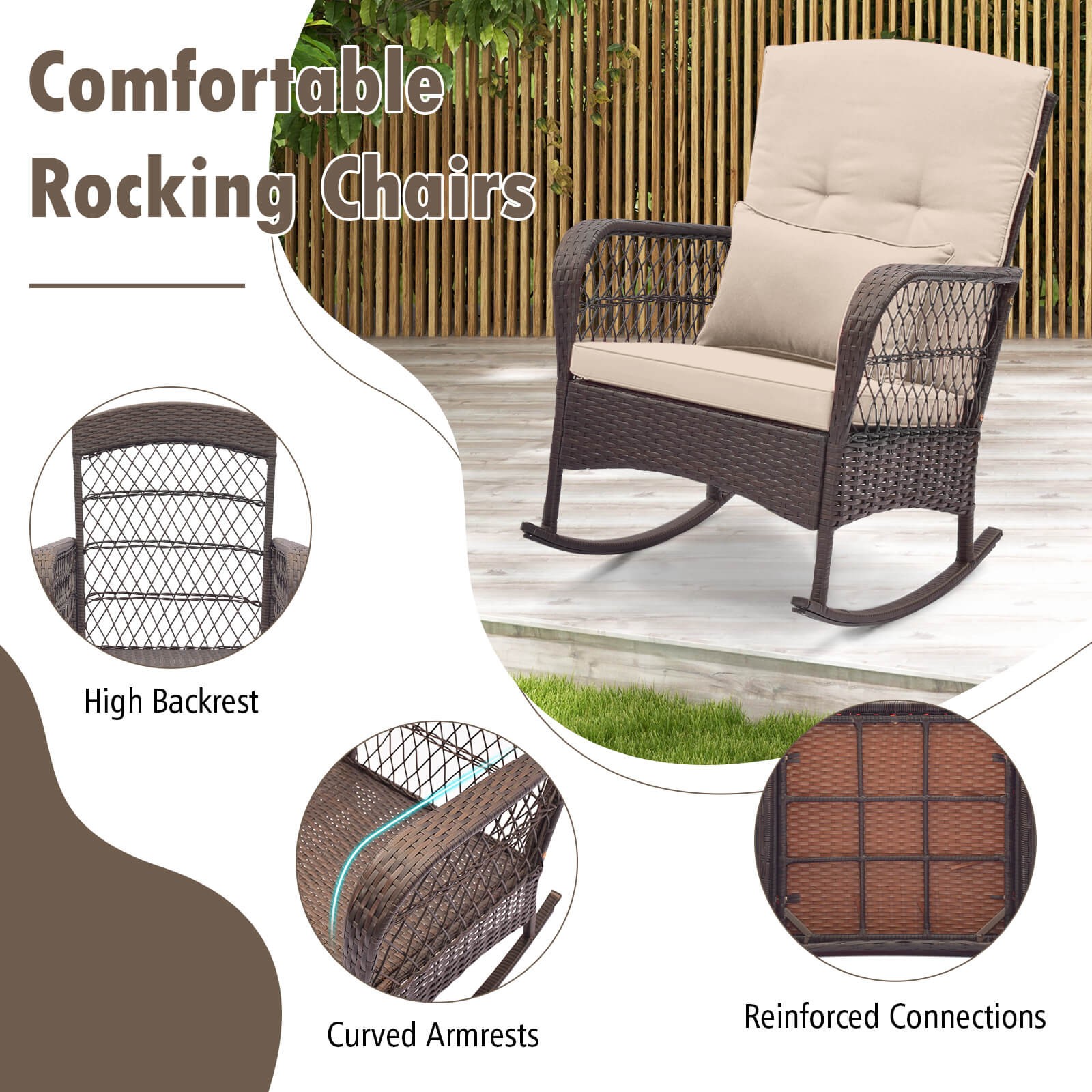 3 PCS Patio Rocker Set Outdoor Wicker Rocking Chairs w/Double-Layer Coffee Table