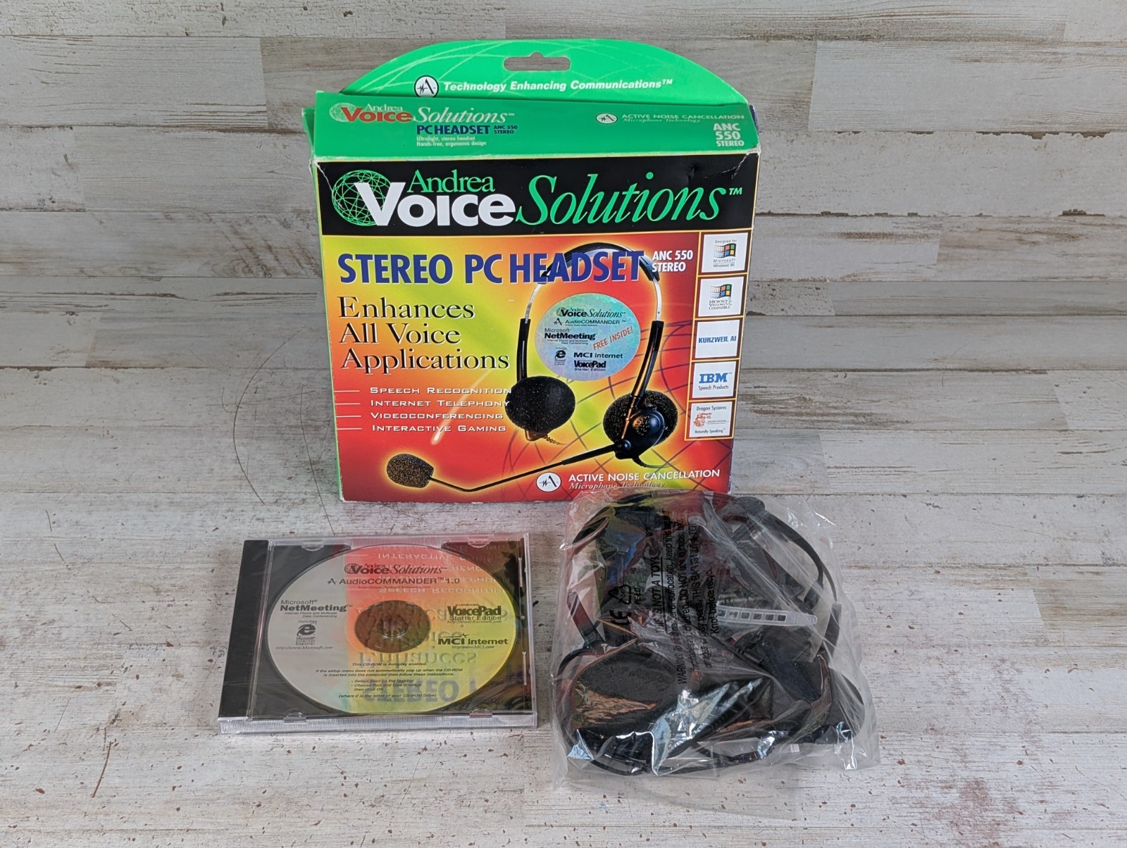 Vtg Andrea Voice Solutions PC Headset ANC 550 Stereo Audio Commander 1.0 CDROM