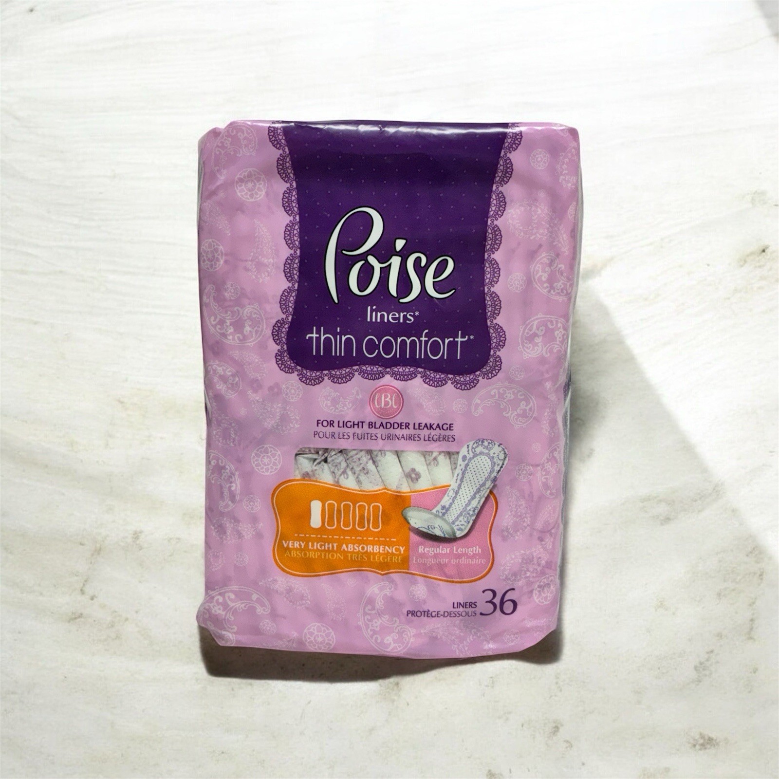 Poise Incontinence Bladder Leakage REG LENGTH LINERS, VERY LIGHT Absorbency 36ct