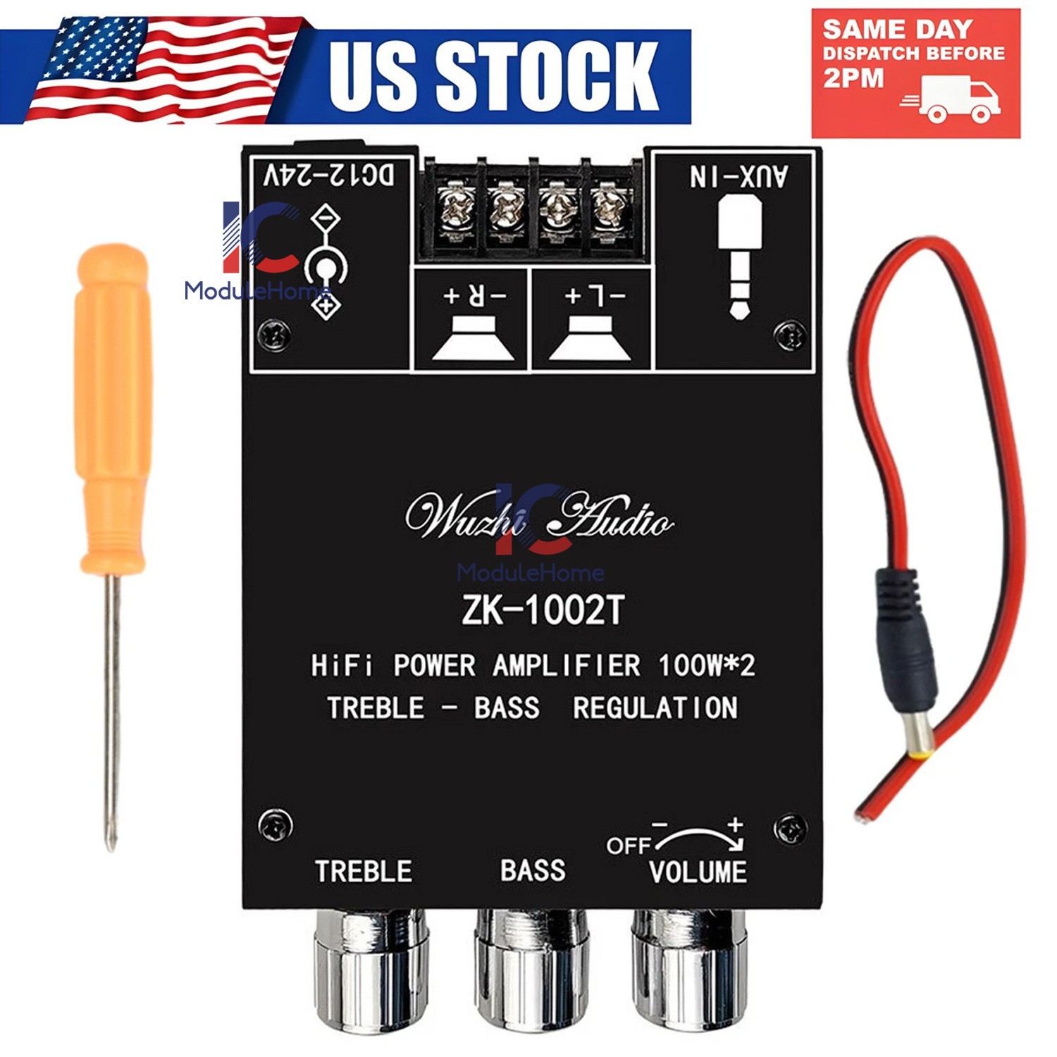 ZK-1002T 100W*2 Bluetooth Amplifier Board 2-Ch Stereo Amplifier Treble Bass US