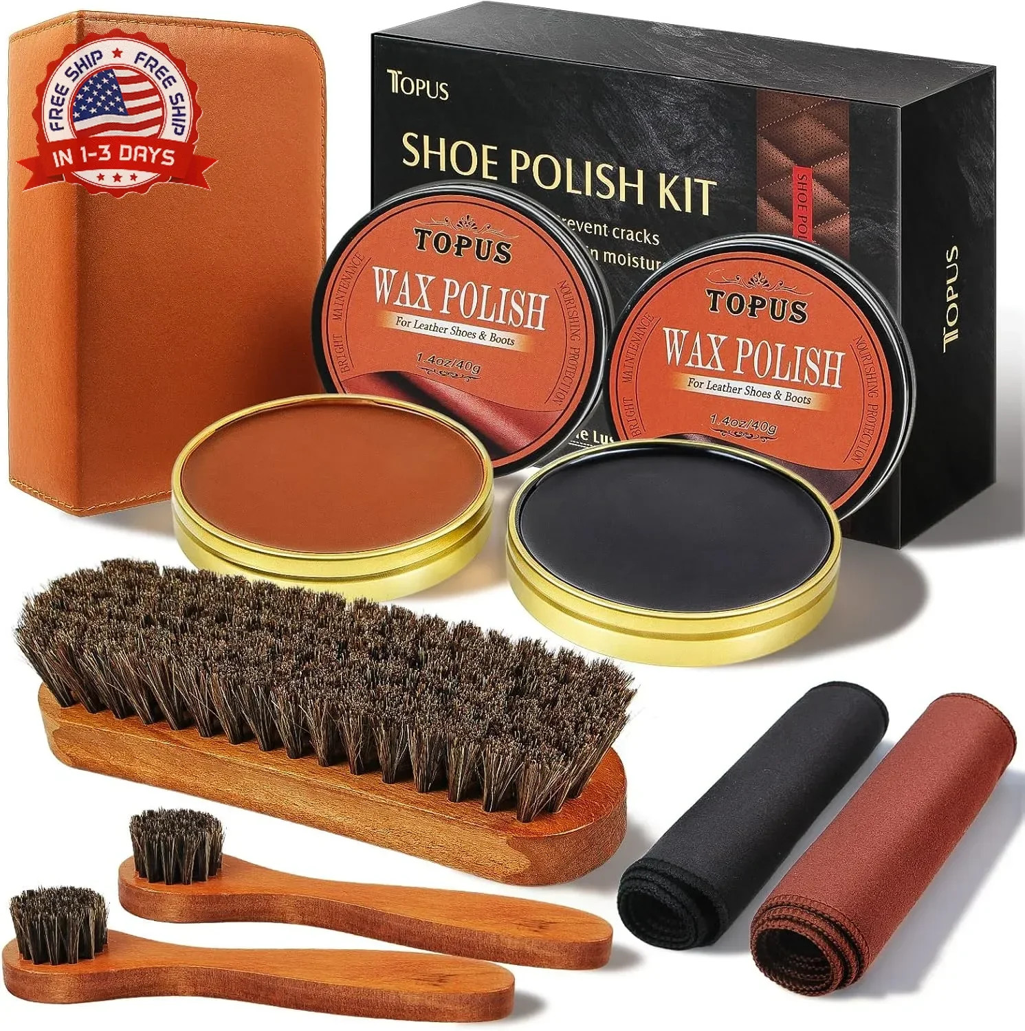 Topus 8 Pieces Shoe Polish Kit, Includes 2Pcs 1.4Oz Brown Shoe Wax, 3 Pieces Hor