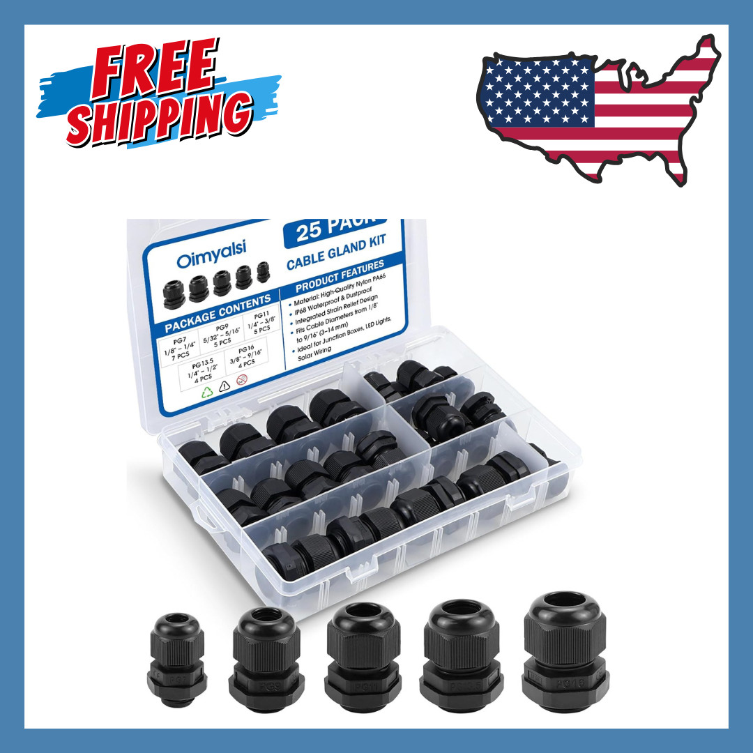25-Pack Cable Gland Kit IP68 Waterproof Nylon Cord Grip PG7-PG16 Black