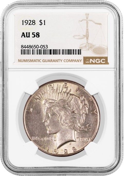 1928 $1 Silver Peace Dollar NGC AU58 About Uncirculated Key Date Coin