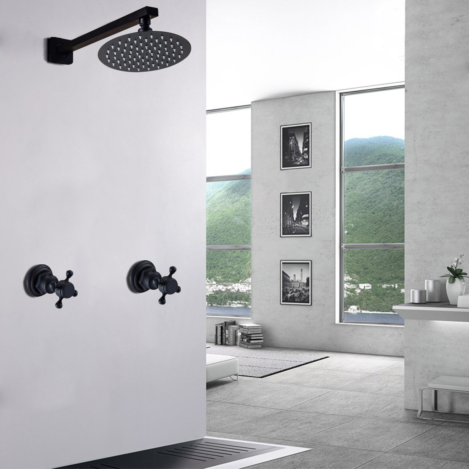 Shower Faucet Set Wall Mount 2-Handle Mixer Valve Tap Cold and Hot Round Head