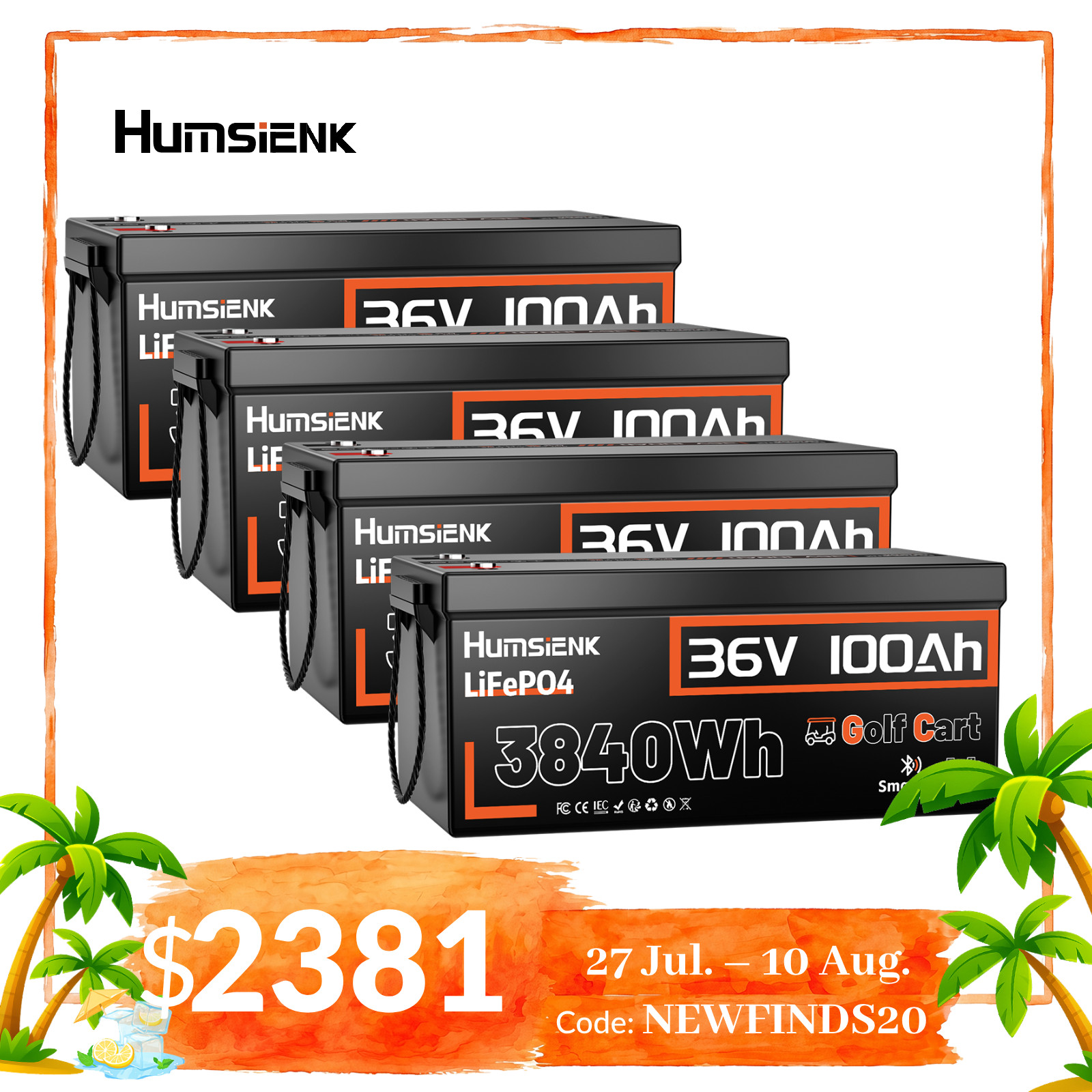 15.36kWh Humsienk 4Pack 36V 100Ah LiFePO4 Battery 200A BMS Golf Cart Off-grid RV