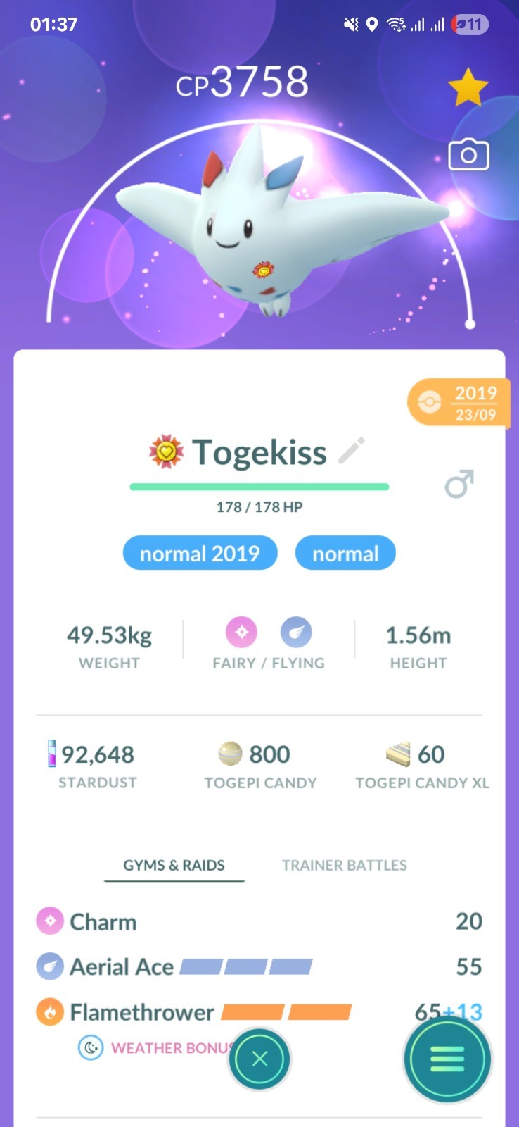 Togekiss ( Caught In 2019 ) ( Maxed To Level 50 ) ( 3 Moves ) Pokemon Tr@de Go