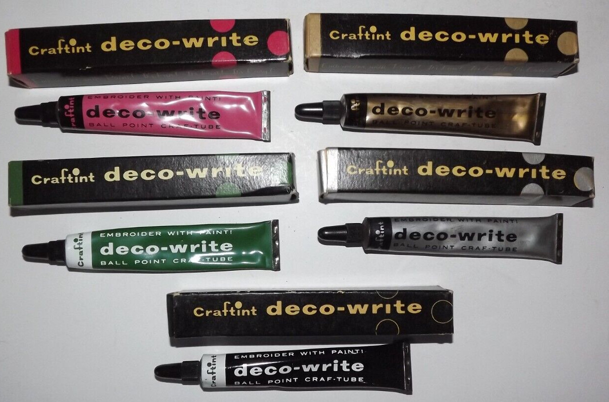 Vintage Lot Of 5 Craftint Deco-Write Liquid Embroidery Tubes  Green Gold Rose &