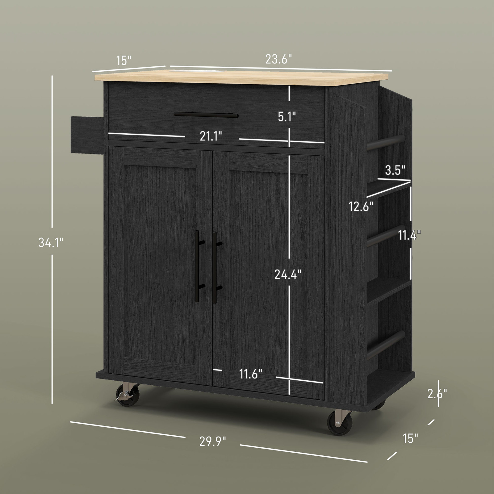 Kitchen Island with Storage and Power Outlets, Rolling, Black
