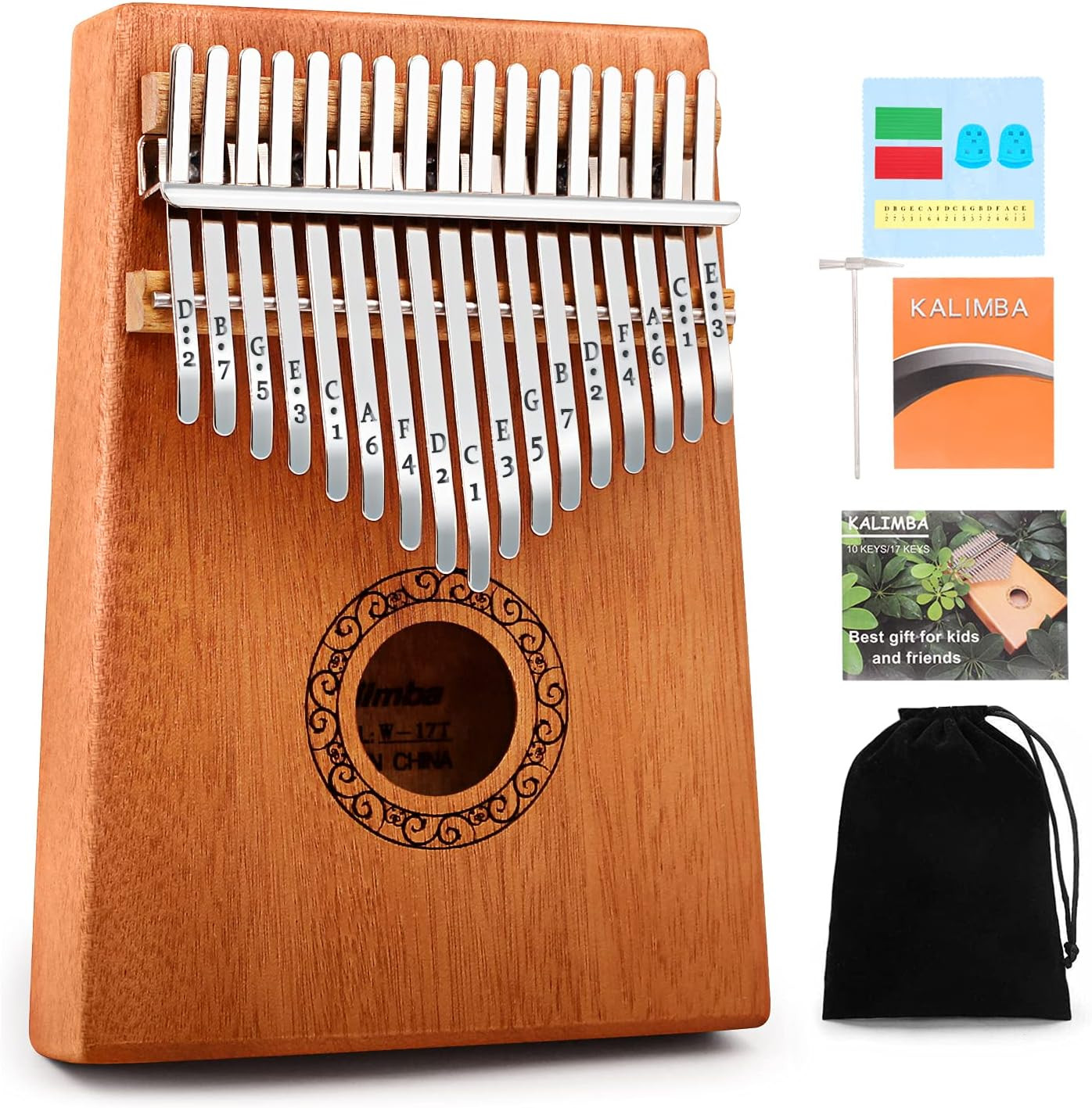 Kalimba Thumb Piano,  Portable 17 Keys Mbira Finger Piano with Tune Hammer and I