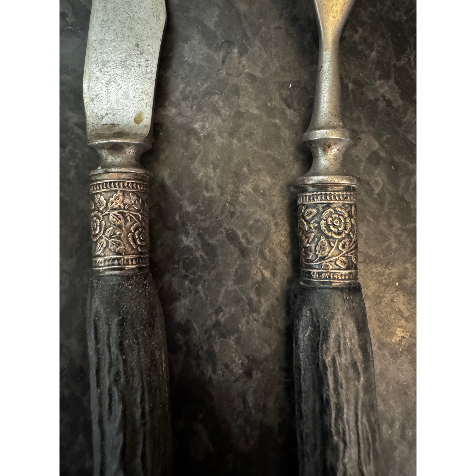Antique Stag Handle Carving Set Knife Fork Sheffield England Silver Ferrule