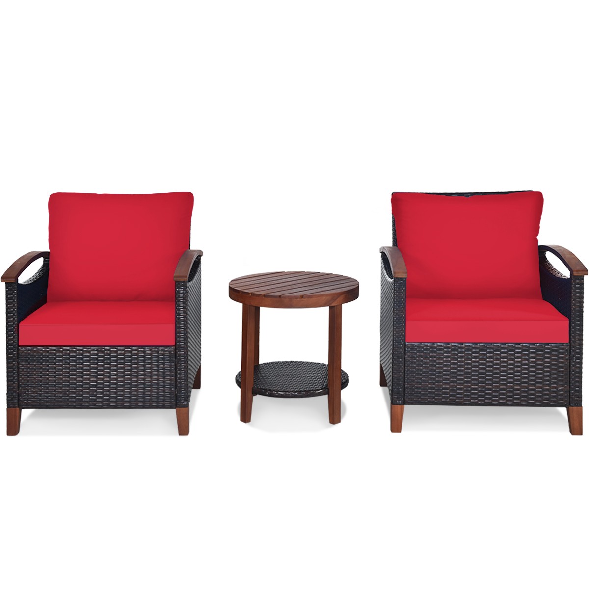 Patiojoy 3PCS Patio Rattan Furniture Set Wooden Frame Cushion Table Shelf Red