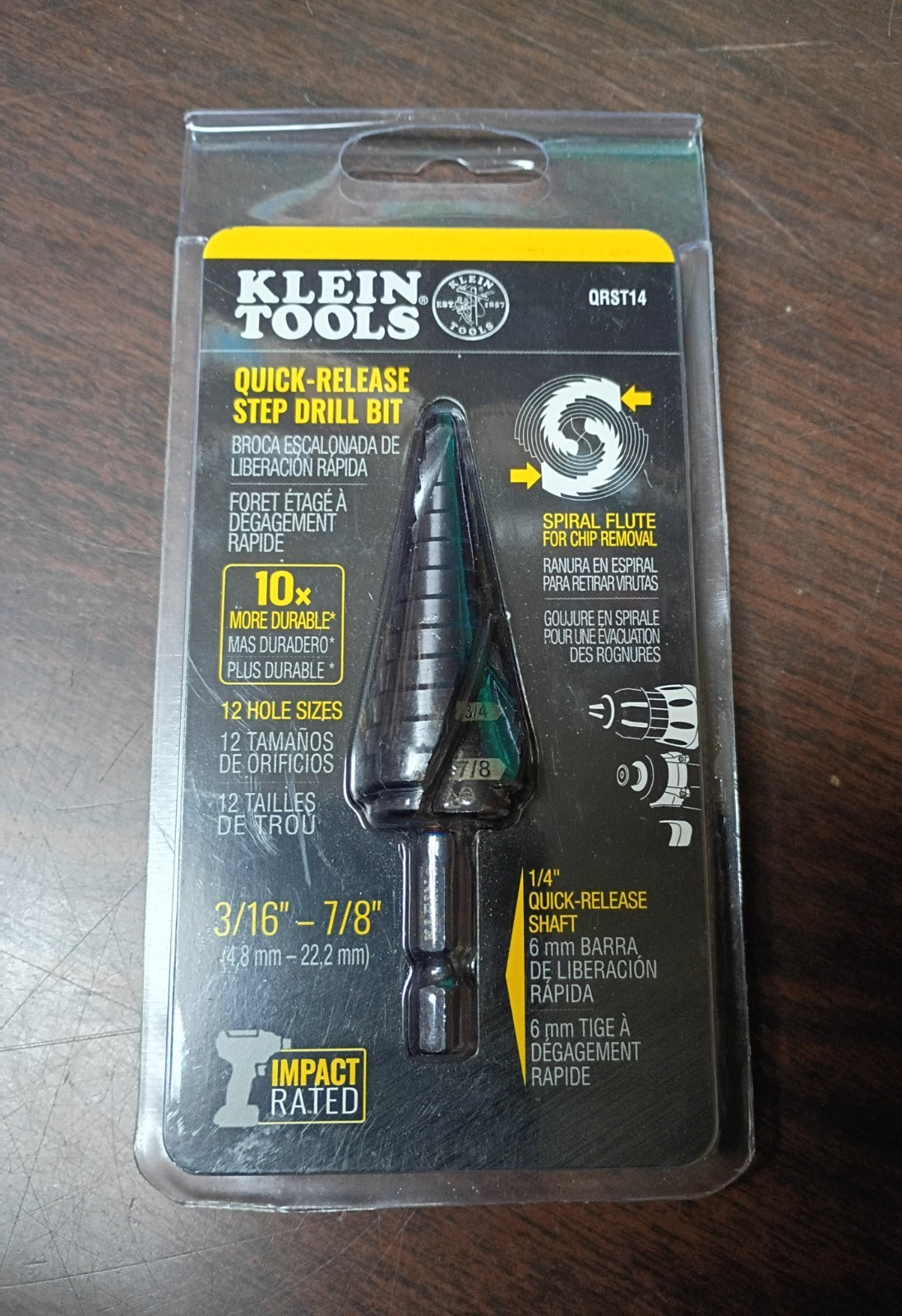 KLEIN TOOLS QRST14 STEP DRILL BIT 3/16"-7/8" DOUBLE SPIRAL FLUTE NEW