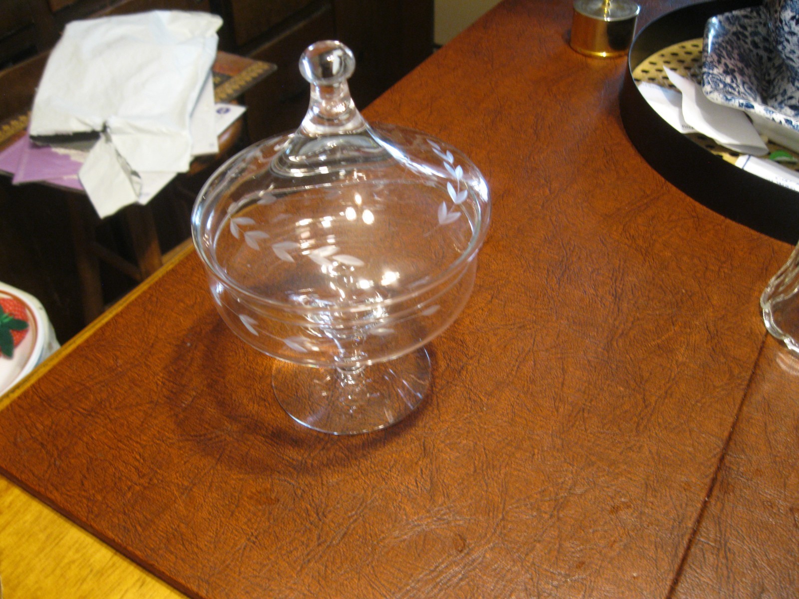 VTG PRINCESS HOUSE CLEAR CRYSTAL FLORAL ETCHED HERITAGE CANDY DISH W/LID #430