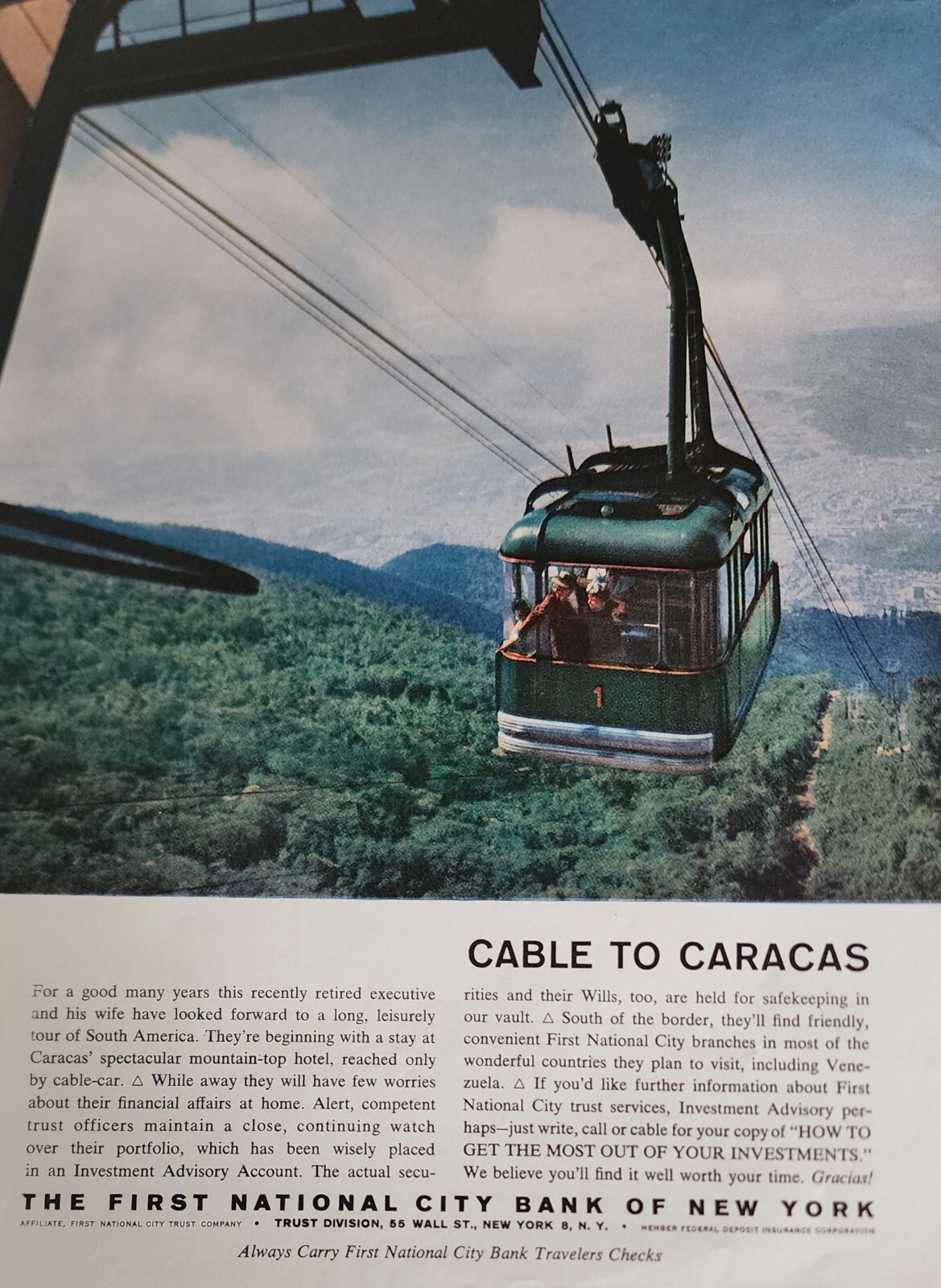 First National City Bank of NY Magazine Ad Picture Retro Cable Car Vtg Decor