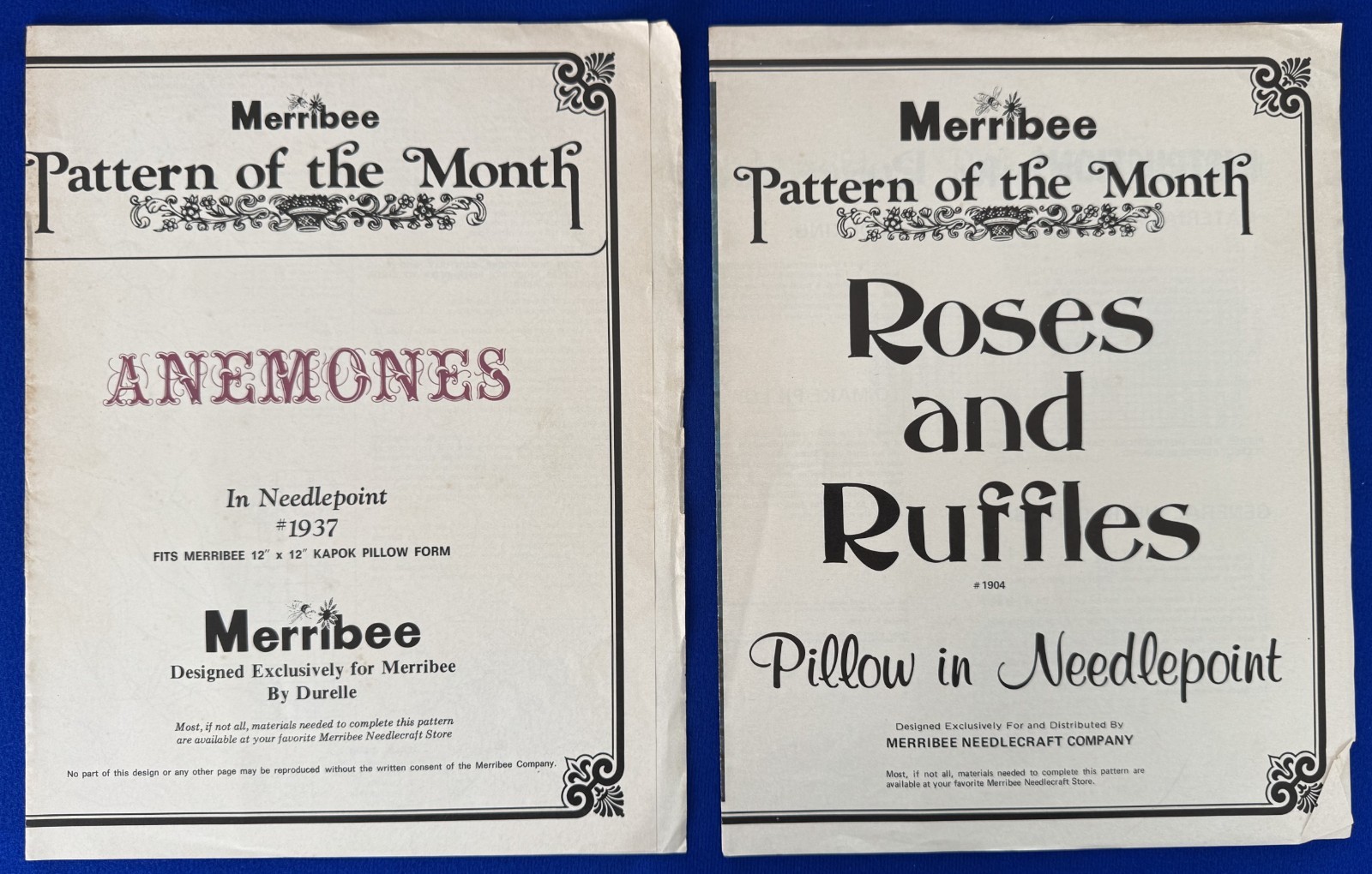 2 Vintage Merribee Needlepoint Pattern of the Month-#1937 & #1904-Anemones, etc