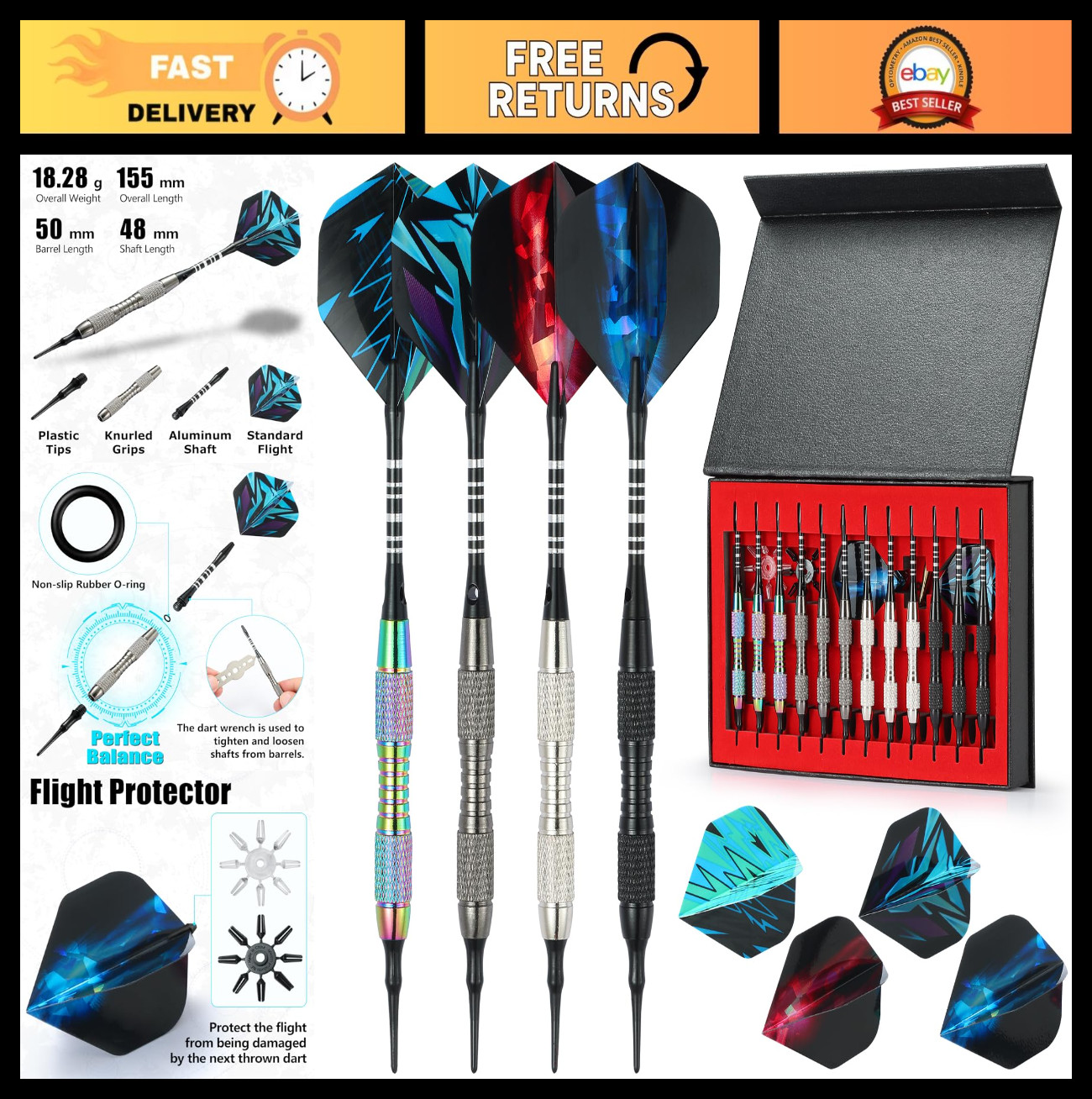 Professional Soft Tip Darts Set with Case, 100 Tips, 12 Shafts, 24 Flights & Pro