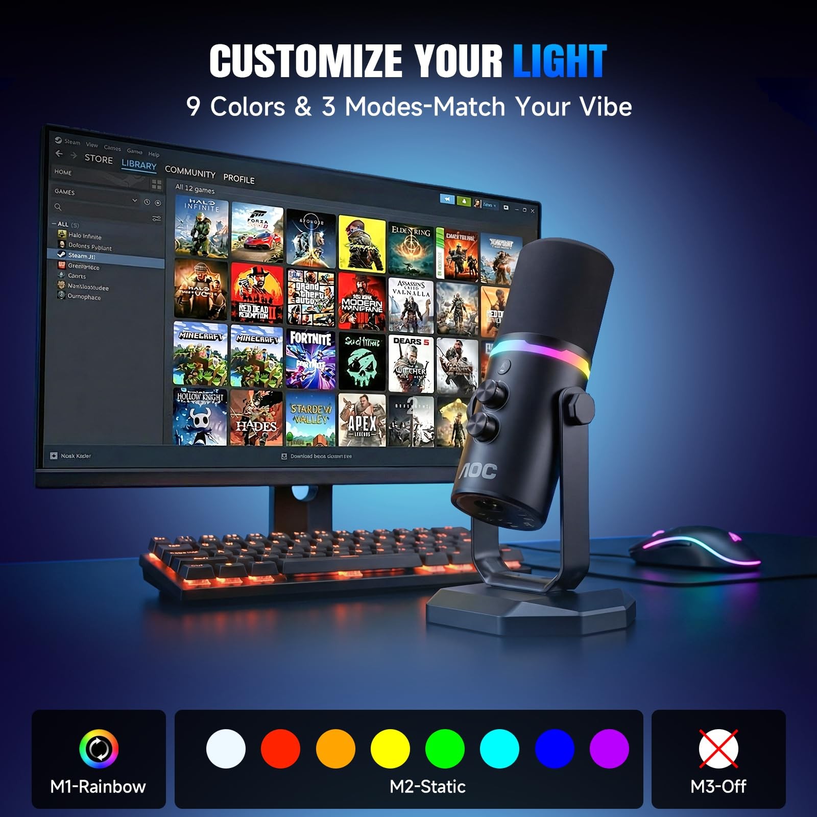 AOC Dynamic Microphone,PC Gaming Mic with RGB Light,USB/XLR Podcast Black