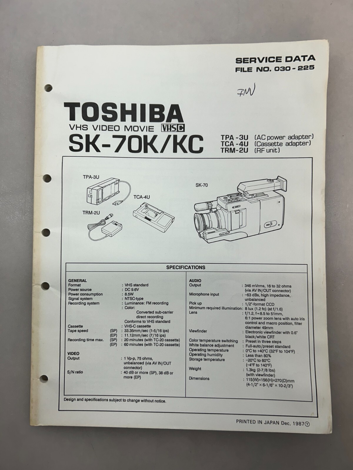 Toshiba SK-70 Original Service Manual Free Shipping