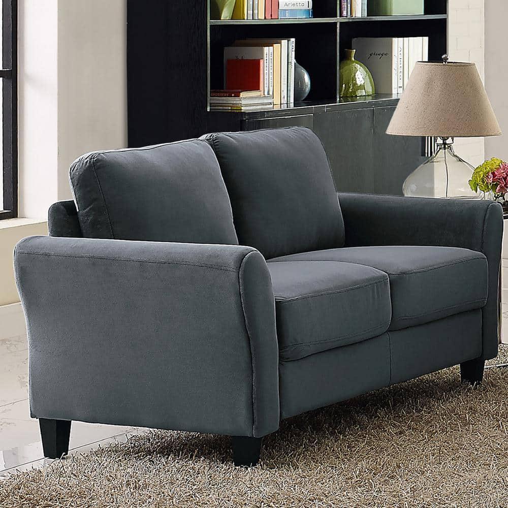 Dark Gray Microfiber Loveseat 31.5" Round Arms 2-Seater Sofa w/ Attached Pillow
